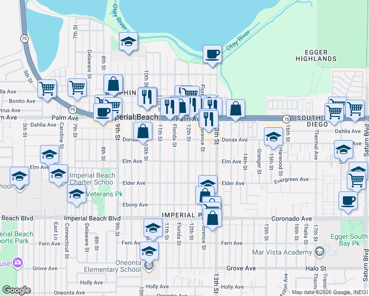 map of restaurants, bars, coffee shops, grocery stores, and more near 812 12th Street in Imperial Beach