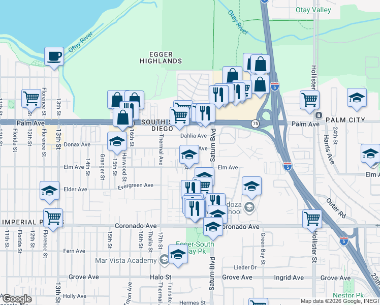 map of restaurants, bars, coffee shops, grocery stores, and more near 815 18th Street in San Diego