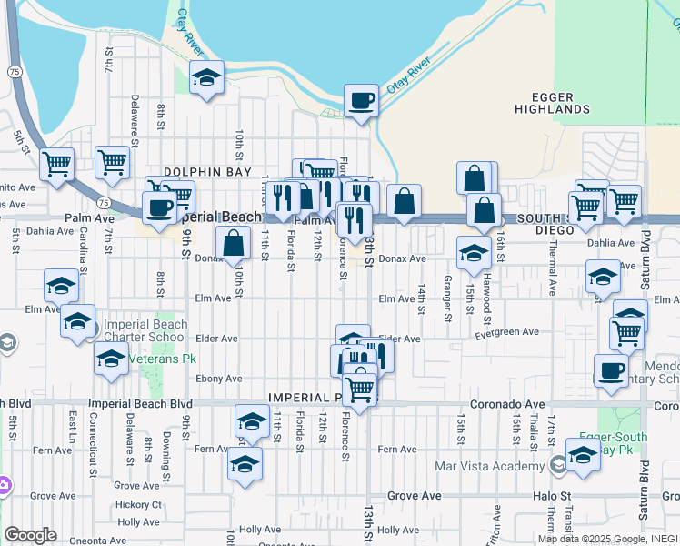 map of restaurants, bars, coffee shops, grocery stores, and more near 837 Florence Street in Imperial Beach
