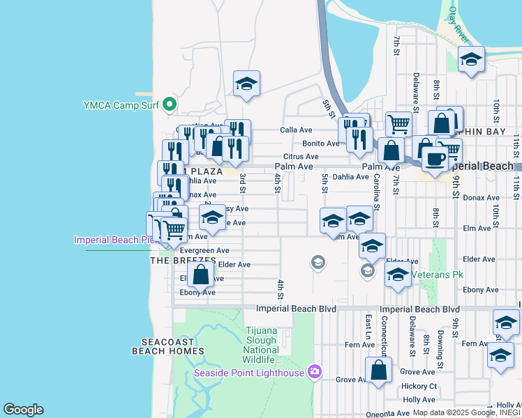 map of restaurants, bars, coffee shops, grocery stores, and more near 369 Daisy Avenue in Imperial Beach