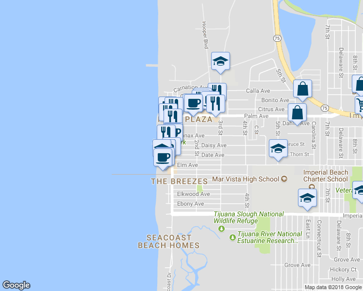 map of restaurants, bars, coffee shops, grocery stores, and more near 149 Daisy Avenue in Imperial Beach