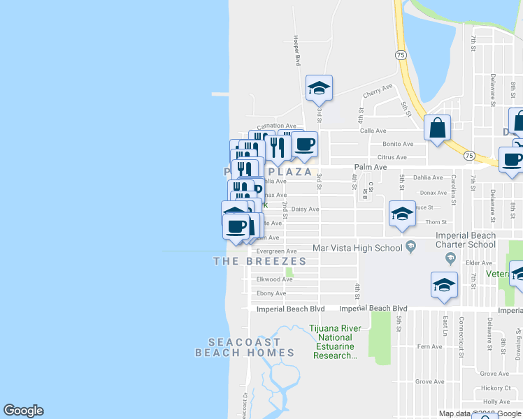 map of restaurants, bars, coffee shops, grocery stores, and more near 149 Daisy Avenue in Imperial Beach