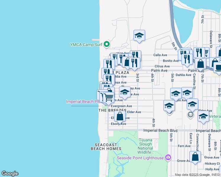 map of restaurants, bars, coffee shops, grocery stores, and more near 800 Seacoast Drive in Imperial Beach