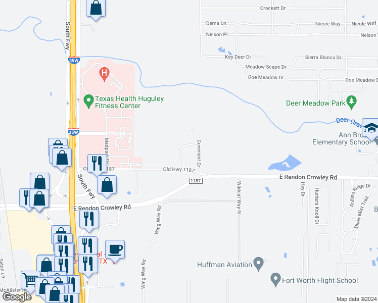 map of restaurants, bars, coffee shops, grocery stores, and more near 11901 Stone Road in Burleson