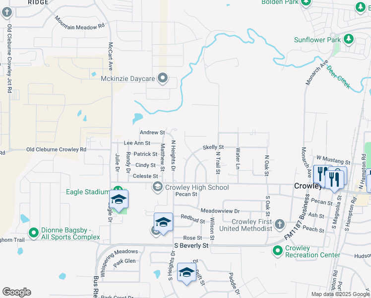 map of restaurants, bars, coffee shops, grocery stores, and more near 309 Quail Creek Drive in Crowley