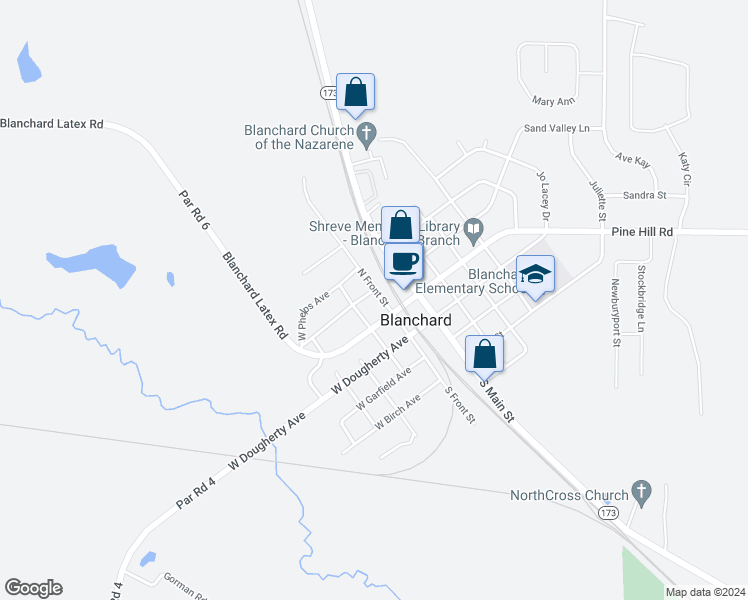 map of restaurants, bars, coffee shops, grocery stores, and more near 120 North Front Street in Shreveport
