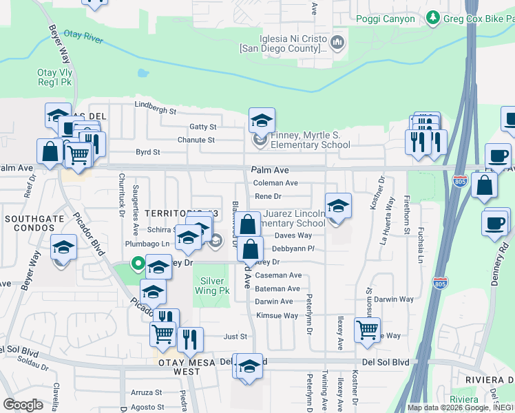 map of restaurants, bars, coffee shops, grocery stores, and more near 3947 Glading Drive in San Diego