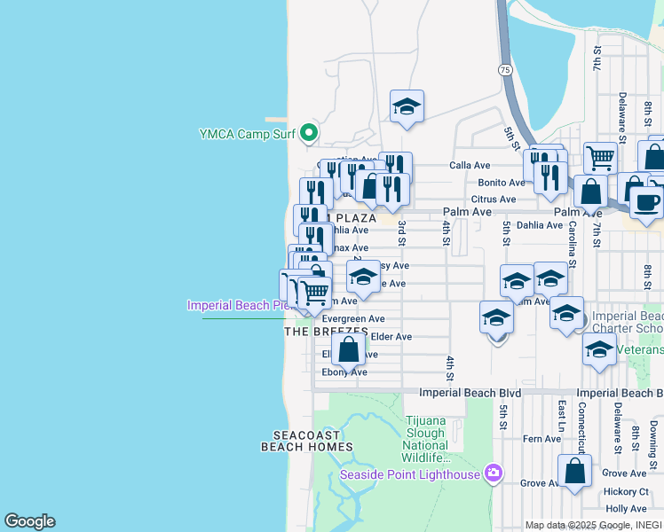 map of restaurants, bars, coffee shops, grocery stores, and more near 149 Daisy Avenue in Imperial Beach