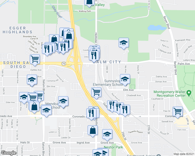 map of restaurants, bars, coffee shops, grocery stores, and more near 825 B Hollister Street in San Diego