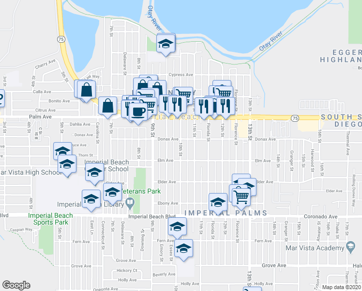 map of restaurants, bars, coffee shops, grocery stores, and more near 833 Emory Street in Imperial Beach