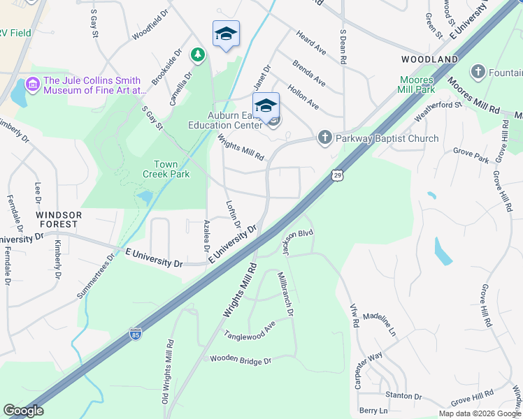 map of restaurants, bars, coffee shops, grocery stores, and more near 583 East University Drive in Auburn