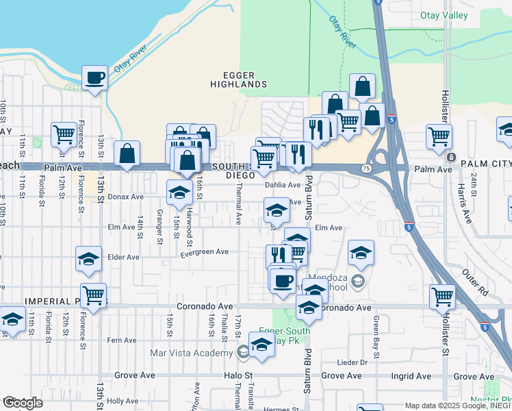 map of restaurants, bars, coffee shops, grocery stores, and more near 1739 Donax Avenue in San Diego