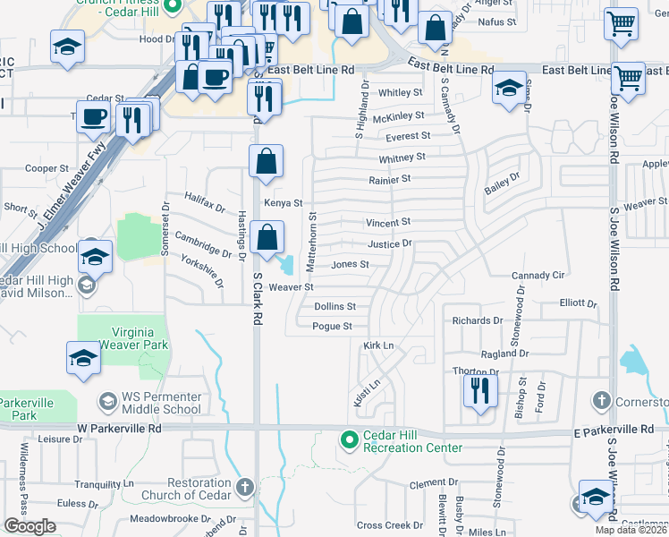 map of restaurants, bars, coffee shops, grocery stores, and more near 425 Jones Street in Cedar Hill