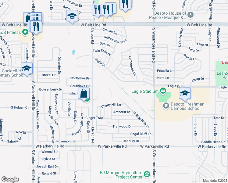 map of restaurants, bars, coffee shops, grocery stores, and more near 501 Rolling Hills Lane in DeSoto