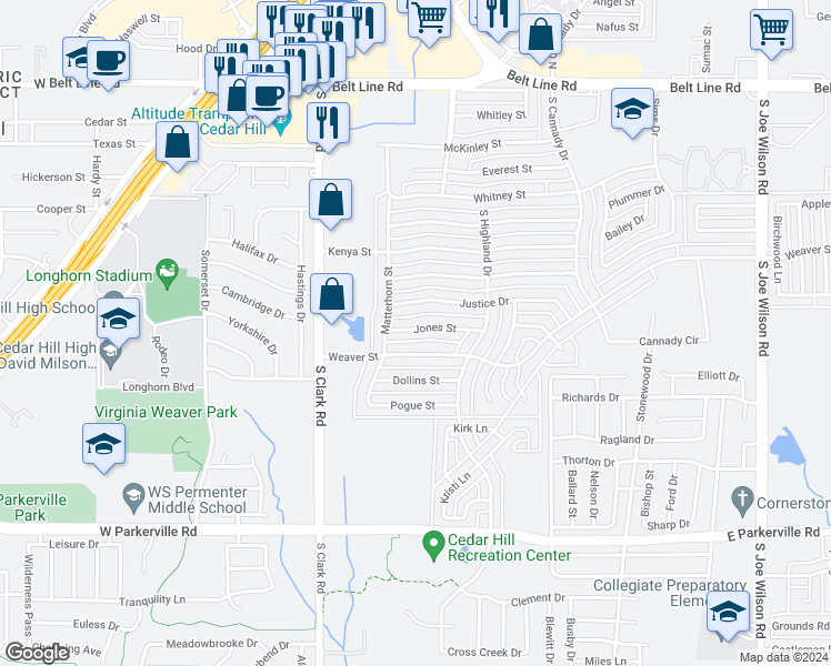 map of restaurants, bars, coffee shops, grocery stores, and more near 425 Jones Street in Cedar Hill
