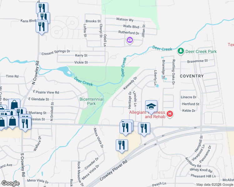 map of restaurants, bars, coffee shops, grocery stores, and more near 233 Kennedy Drive in Crowley