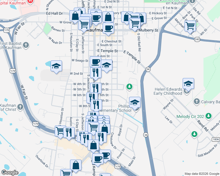 map of restaurants, bars, coffee shops, grocery stores, and more near 307 East 5th Street in Kaufman