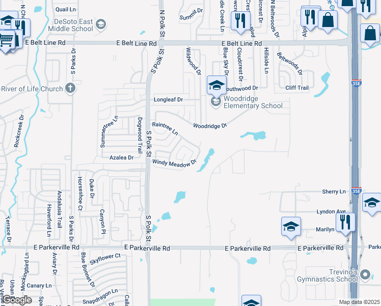 map of restaurants, bars, coffee shops, grocery stores, and more near 868 Windy Meadow Drive in DeSoto