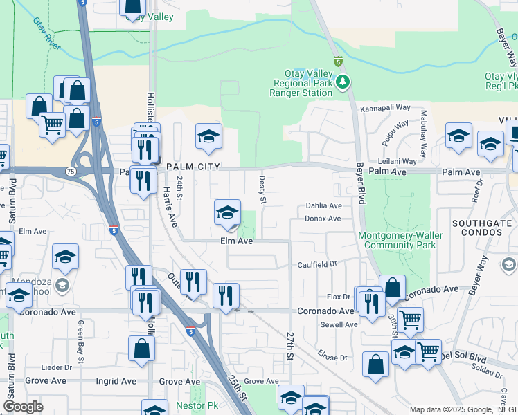 map of restaurants, bars, coffee shops, grocery stores, and more near 850 Desty Street in San Diego