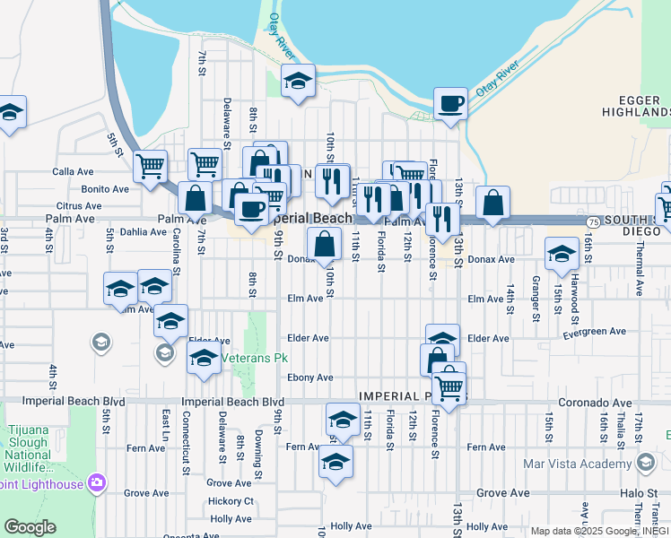 map of restaurants, bars, coffee shops, grocery stores, and more near 838 11th Street in Imperial Beach