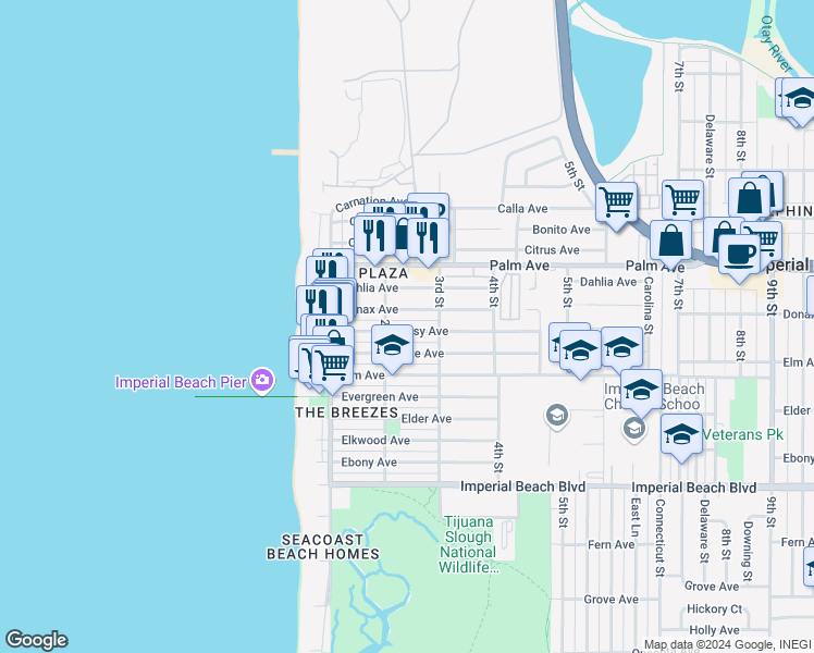 map of restaurants, bars, coffee shops, grocery stores, and more near 221 Daisy Avenue in Imperial Beach