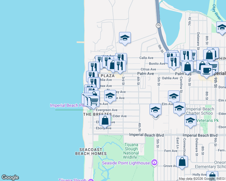 map of restaurants, bars, coffee shops, grocery stores, and more near 221 Daisy Avenue in Imperial Beach