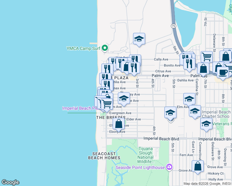 map of restaurants, bars, coffee shops, grocery stores, and more near 149 Daisy Avenue in Imperial Beach