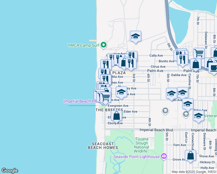 map of restaurants, bars, coffee shops, grocery stores, and more near 149 Daisy Avenue in Imperial Beach