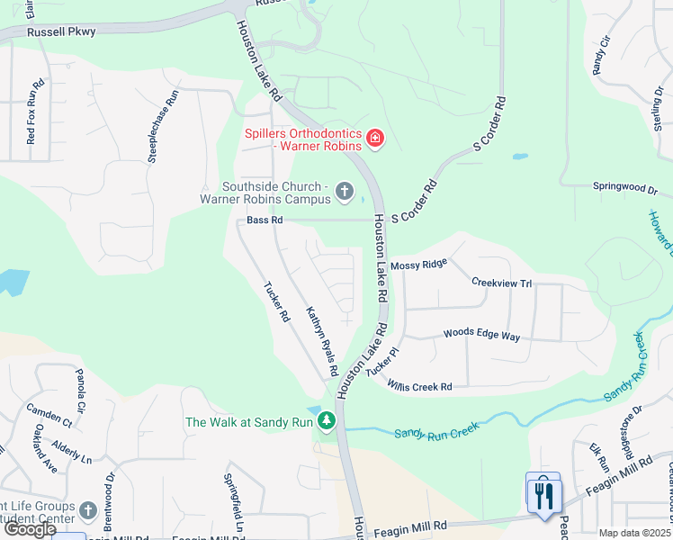 map of restaurants, bars, coffee shops, grocery stores, and more near 1110 South Houston Lake Road in Warner Robins