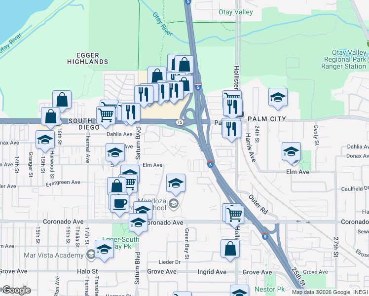 map of restaurants, bars, coffee shops, grocery stores, and more near 2041 Cerrissa Court in San Diego