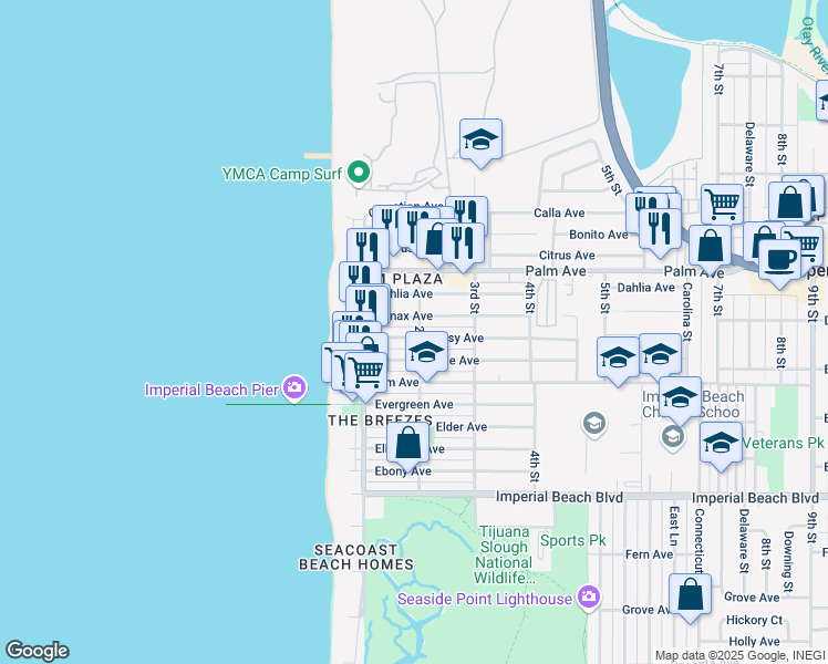 map of restaurants, bars, coffee shops, grocery stores, and more near 184 Daisy Avenue in Imperial Beach