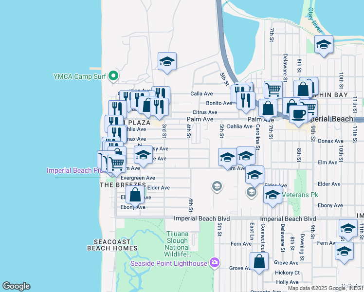 map of restaurants, bars, coffee shops, grocery stores, and more near 369 Daisy Avenue in Imperial Beach