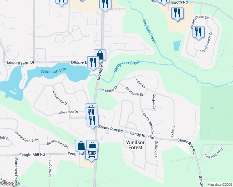 map of restaurants, bars, coffee shops, grocery stores, and more near 111 Raintree Drive in Warner Robins