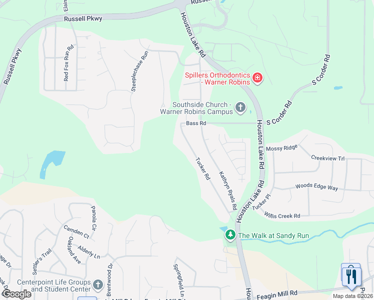 map of restaurants, bars, coffee shops, grocery stores, and more near 217 Tucker Road in Warner Robins