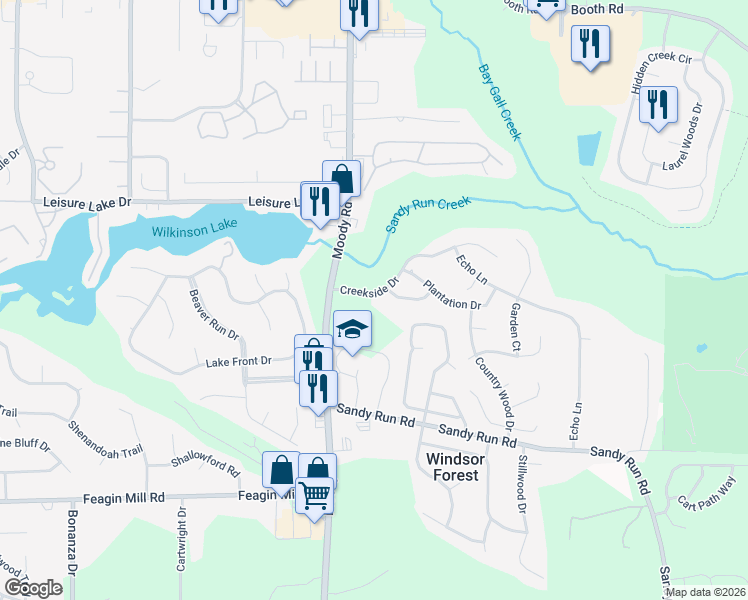 map of restaurants, bars, coffee shops, grocery stores, and more near 192 Creekside Drive in Warner Robins