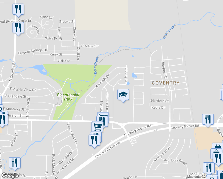 map of restaurants, bars, coffee shops, grocery stores, and more near 239 Centennial Place in Crowley