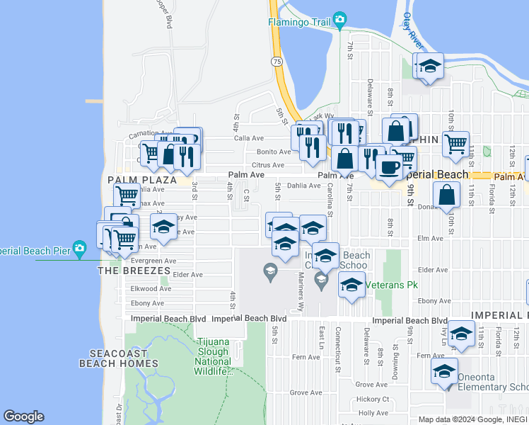 map of restaurants, bars, coffee shops, grocery stores, and more near 811 Corvina Street in Imperial Beach