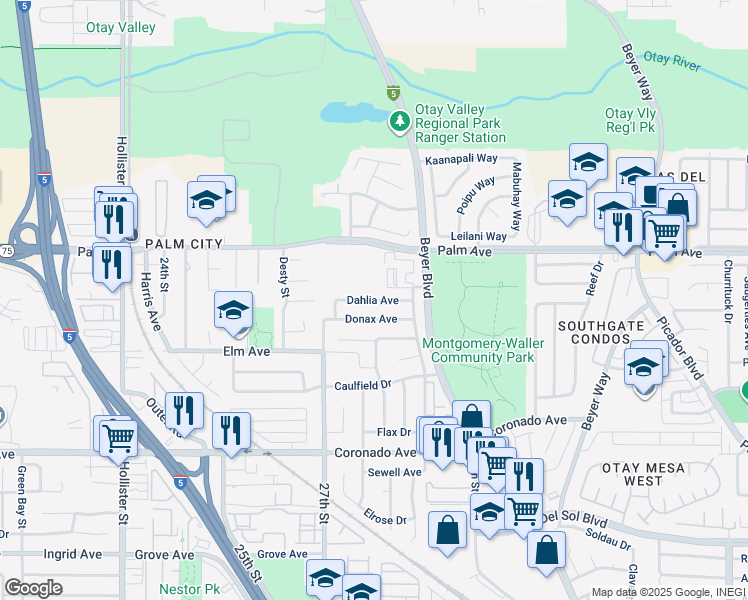 map of restaurants, bars, coffee shops, grocery stores, and more near 2820 Donax Avenue in San Diego