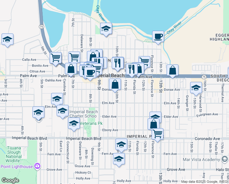 map of restaurants, bars, coffee shops, grocery stores, and more near 833 Emory Street in Imperial Beach