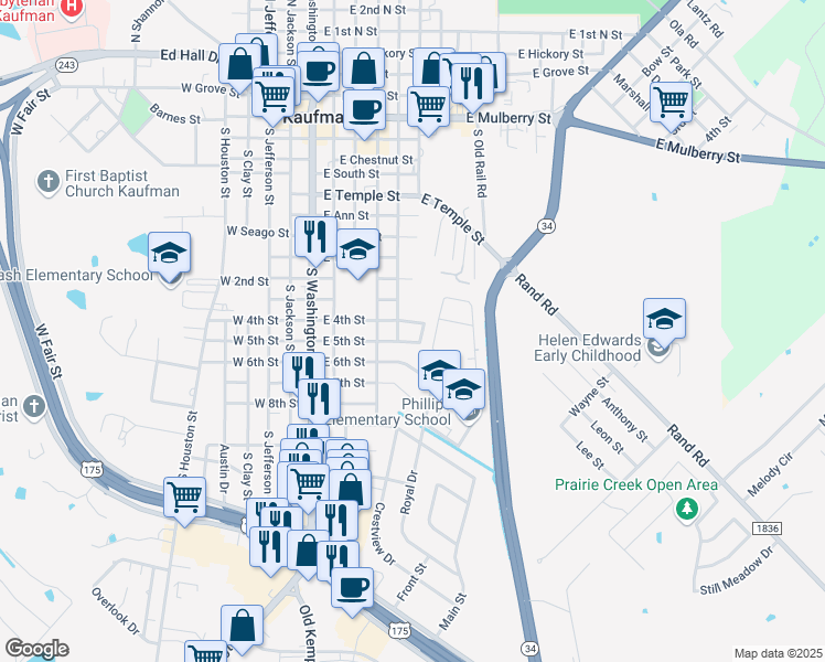 map of restaurants, bars, coffee shops, grocery stores, and more near 409 Phillips Circle in Kaufman
