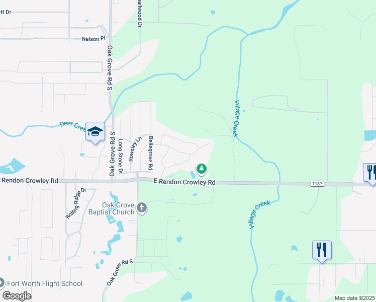 map of restaurants, bars, coffee shops, grocery stores, and more near 12105 Bear Mesa Court in Burleson