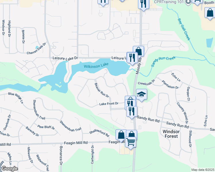 map of restaurants, bars, coffee shops, grocery stores, and more near 204 Lake Front Drive in Warner Robins