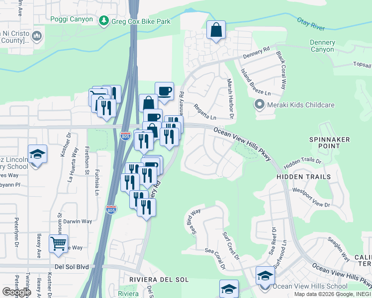 map of restaurants, bars, coffee shops, grocery stores, and more near 4754 Falconhurst Terrace in San Diego