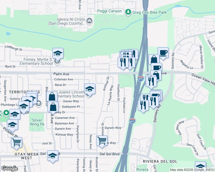 map of restaurants, bars, coffee shops, grocery stores, and more near 837 Kostner Drive in San Diego