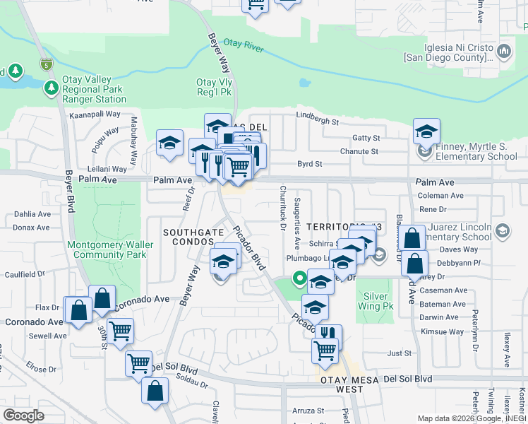 map of restaurants, bars, coffee shops, grocery stores, and more near 3445 Robb Roy Place in San Diego