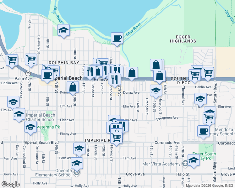 map of restaurants, bars, coffee shops, grocery stores, and more near 837 Florence Street in Imperial Beach