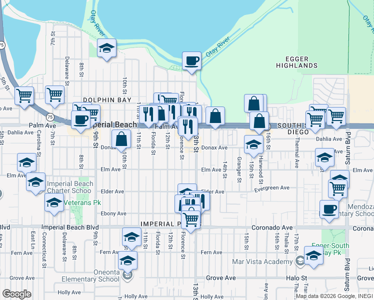 map of restaurants, bars, coffee shops, grocery stores, and more near 837 Florence Street in Imperial Beach