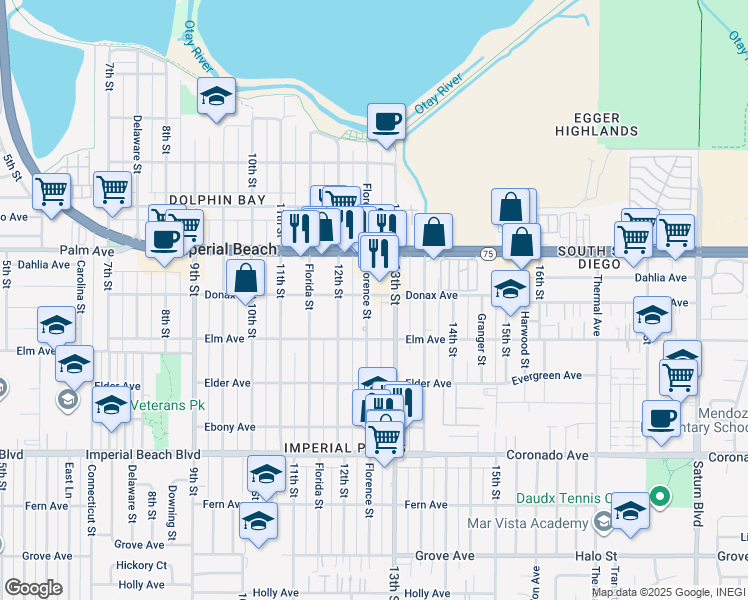 map of restaurants, bars, coffee shops, grocery stores, and more near 837 Florence Street in Imperial Beach