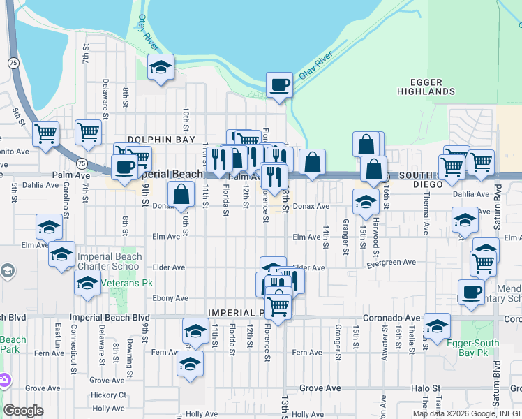 map of restaurants, bars, coffee shops, grocery stores, and more near 837 Florence Street in Imperial Beach