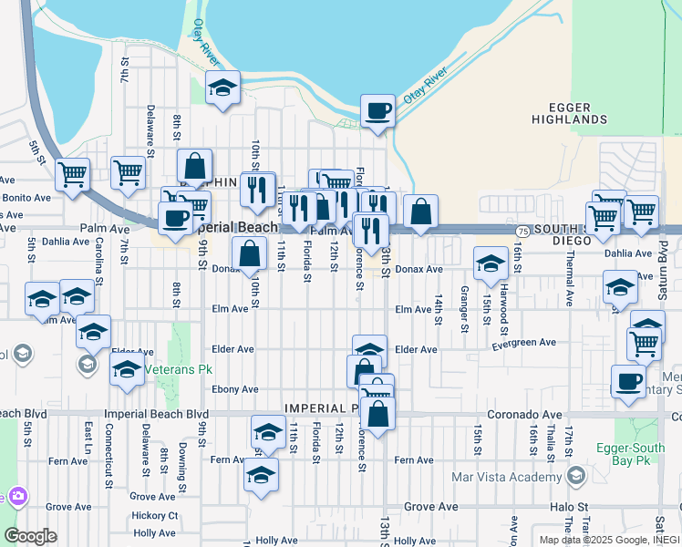 map of restaurants, bars, coffee shops, grocery stores, and more near 847 12th Street in Imperial Beach